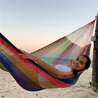 Colored Stripes blue green red shades. Small - Medium size hammock from Mexico in fine cotton net. No. 3
