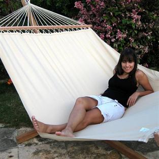 Exclusive beige hammock in PRO outdoor material with 140 cm wide wooden bars