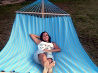 Exclusive turquoise and dusty green outdoor fabric hammock with 160 cm wide wooden spreader bars. No. VTQ603-PRO
