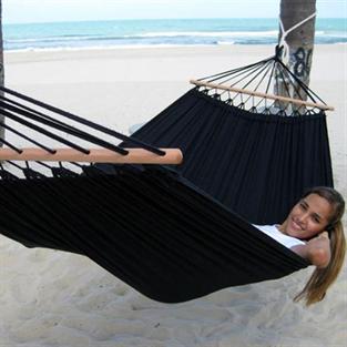 Black fabric hammock with wooden spreader bars. No. T360